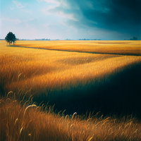 迫りくる黒い雲と黄金の小麦畑：劇的な天候変化の写真