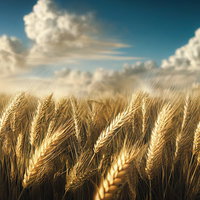 風に揺らぐ金色の小麦の穂と青空の農村風景の写真