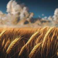 青空の下で風に揺れる小麦の穂 - 黄金色の麦畑風景の写真