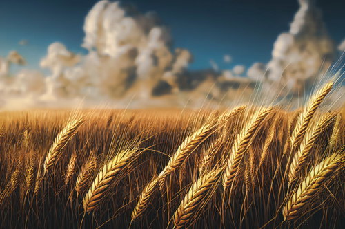 青空の下で風に揺れる小麦の穂 - 黄金色の麦畑風景