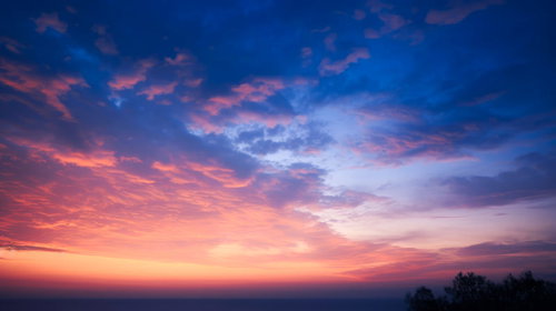 夕焼け空と黄昏時の雲彩、地平線から群青へ移行する空のグラデーション