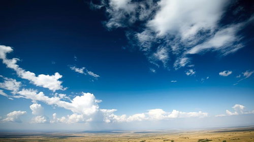 雲が浮かぶ雄大な大地と青空の地平線・夏の晴天風景