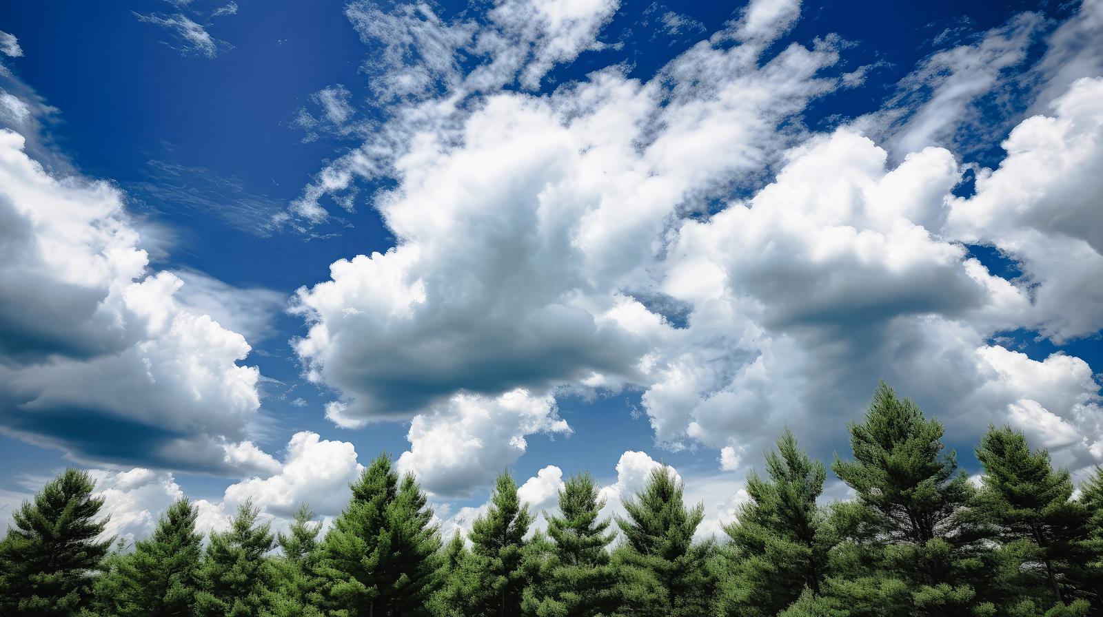 夏日の下で見上げた青空と白い雲、樹木が並ぶ風景