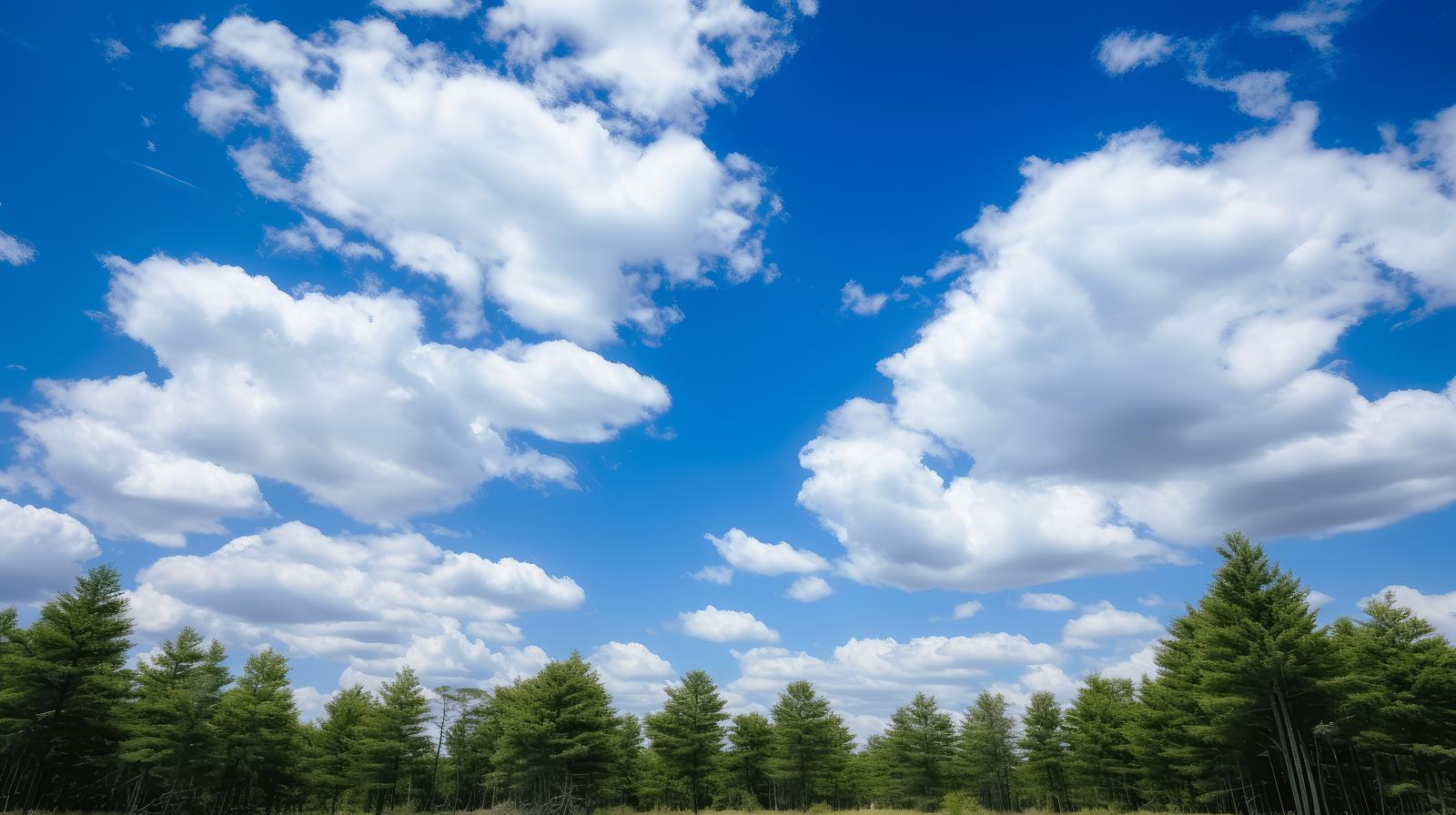 青い空に白い雲が流れ、下部に緑の木々が並ぶ風景