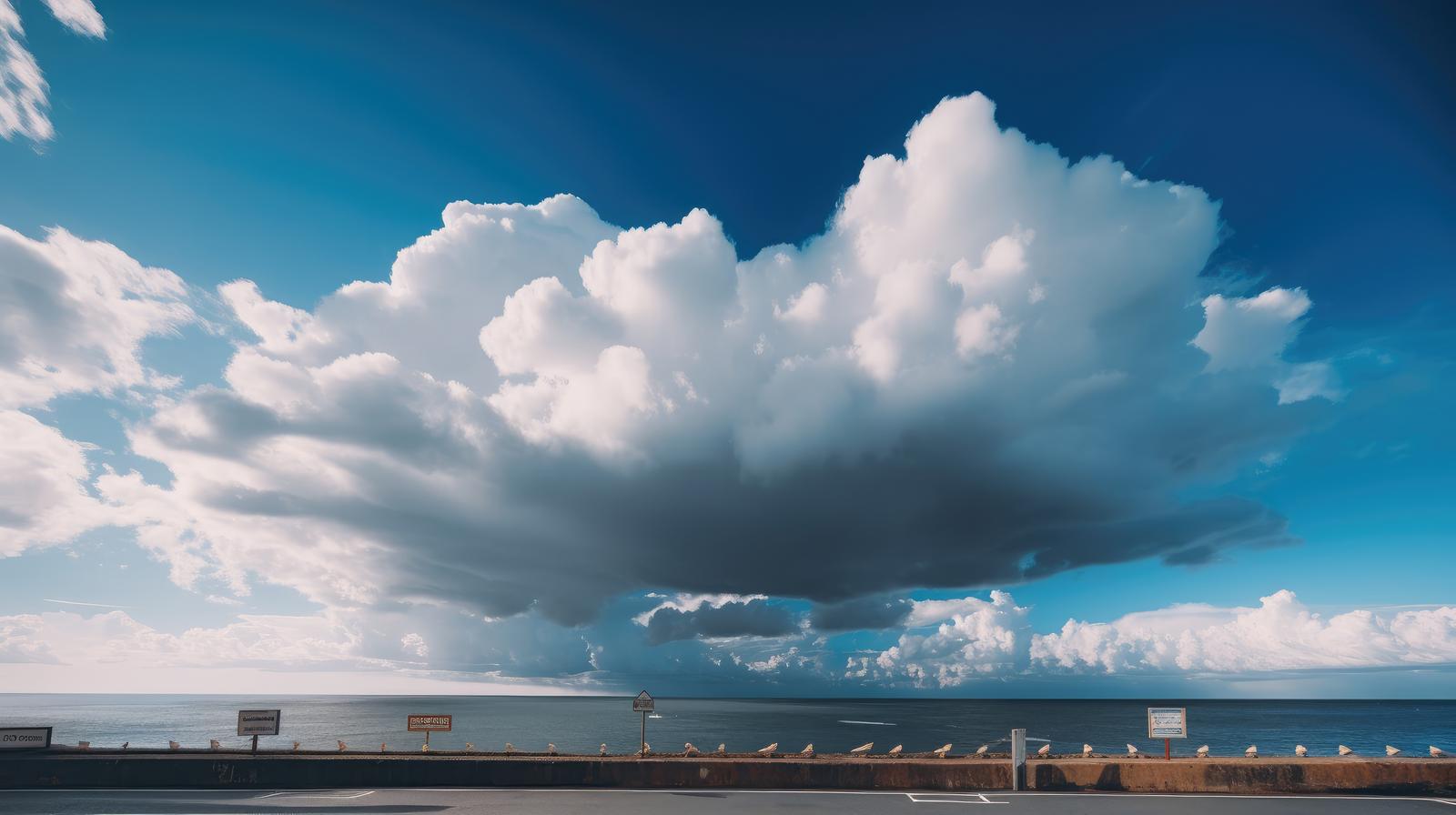 海上に発達した積乱雲が雨を降らせている晴天の空