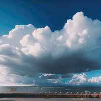遠くの海の上で雨が降っている大きな積乱雲の写真