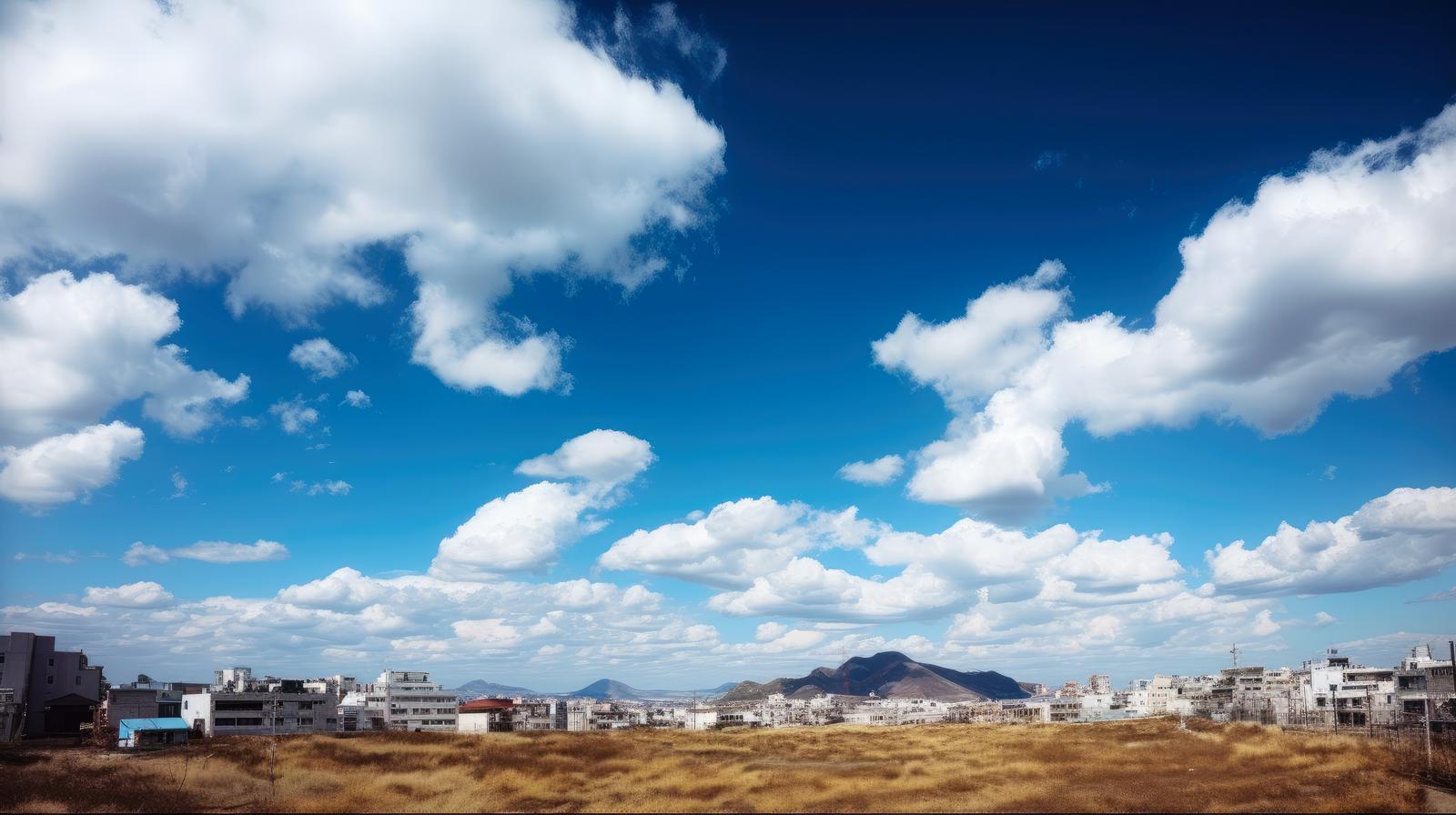 青空と白い雲が映る枯れ草の平野から見える町並みと遠くの山々