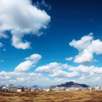 青空と白い雲が映る枯れ草の平野に広がる町並みの写真