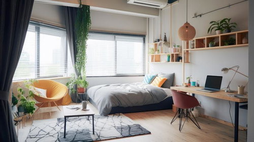 朝光が注ぐ観葉植物とデスク付きベッドルームの新しい一日の始まり