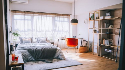 朝日が差し込むモダンインテリアの寝室・ベッドルーム