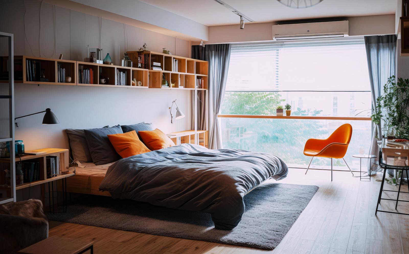 オレンジのアクセントカラーが入ったモダンな高層ワンルーム寝室