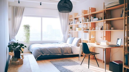 自然光がたっぷり入る本棚と木製家具のあるワンルーム