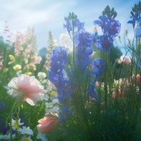 ガーデニングの魔法 青紫のデルフィニウムと花々が咲き誇る花壇の写真