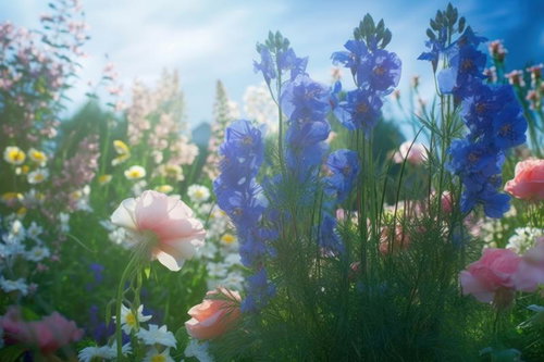 ガーデニングの魔法　青紫のデルフィニウムと花々が咲き誇る花壇