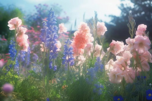 明るくふわふわな光に包まれた花壇のピンク色スナップドラゴンと紫のルピナス