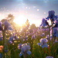 夕焼けの光がそそがれるアイリスの花々の花壇風景の写真