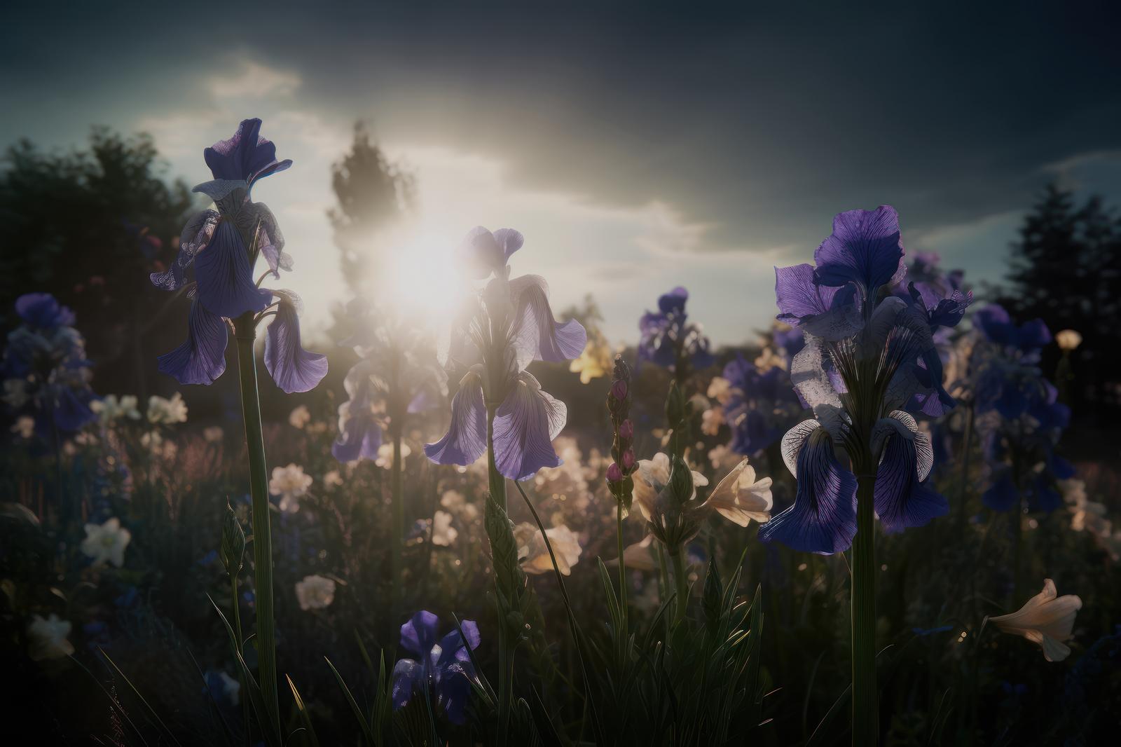 朝日が射し込む花壇で紫のアイリスが咲き並ぶ様子