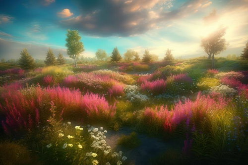 草原の歌：丘の上に咲く花々の群生と青空の自然風景