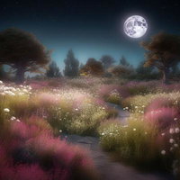 月明かりに照らされた夜の散歩道、花咲く草原を越えて月光の輝きの写真