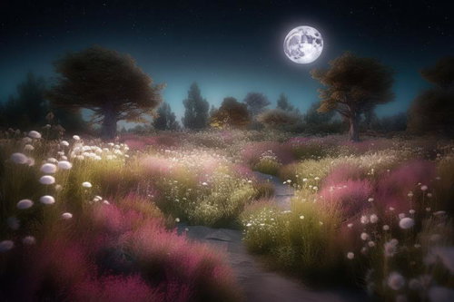 月明かりに照らされた夜の散歩道、花咲く草原を越えて月光の輝き