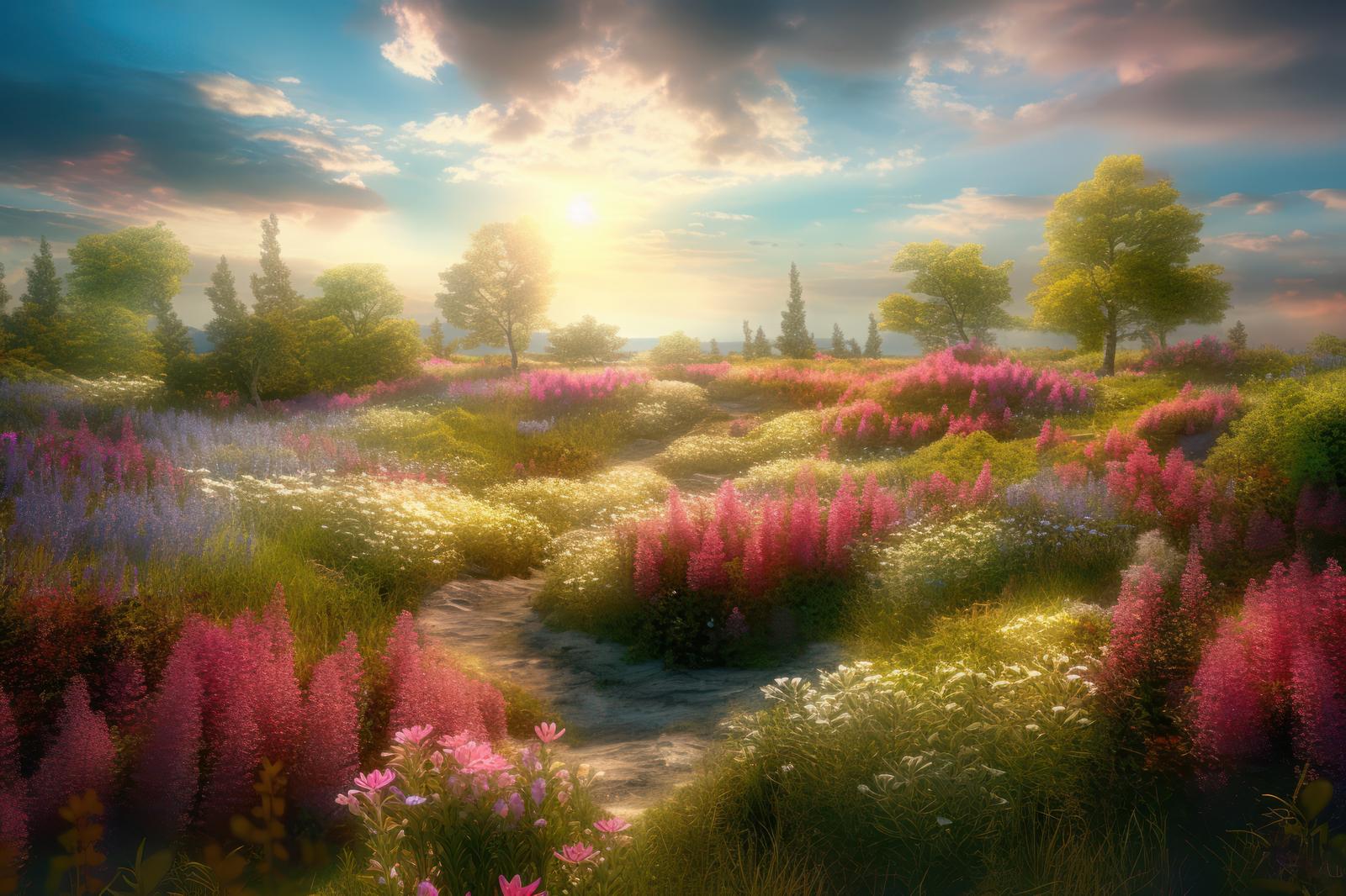 朝日に照らされ、ピンク色の花々が群生する草原の景観