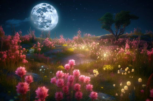 月明かりに照らされた丘の上の花の群生と満月の夜空