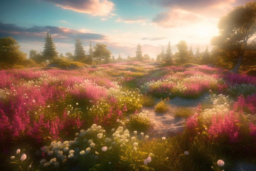 朝焼けに染まる草原の花々の群生、針葉樹と青からオレンジの空