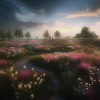 明けの草原 目覚めと群生する野草と小川の風景の写真