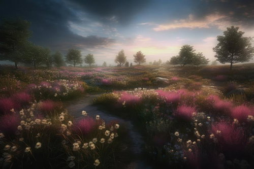 明けの草原 目覚めと群生する野草と小川の風景