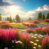 ピンクのルピナスが群生する朝焼けの草原と針葉樹林の写真