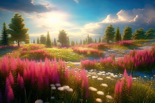 ピンクのルピナスが群生する朝焼けの草原と針葉樹林