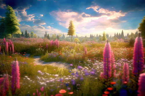 ハイキングコース沿いに群生する野草と散歩道