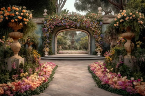 花に囲まれたアーチ門のヨーロッパ風フラワーガーデン