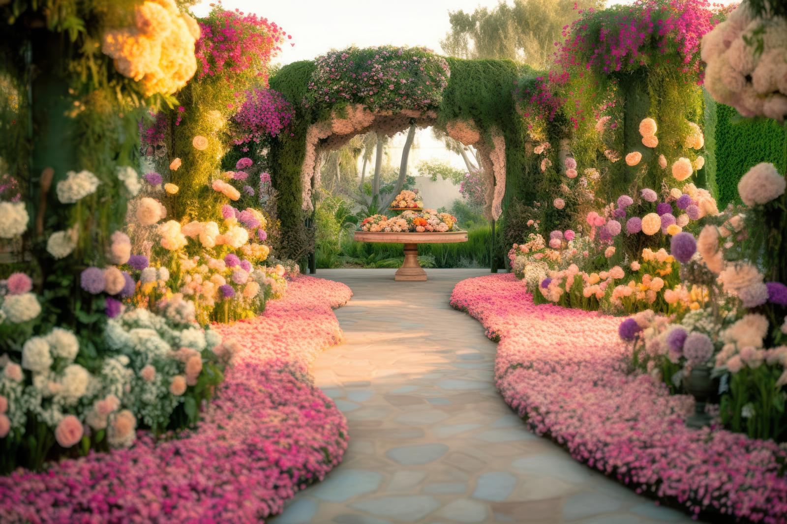 色鮮やかな花に彩られた庭園の通路とガーデンアーチ門の風景