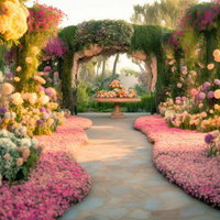 花々に彩られた庭園の通路とガーデンデザインの写真