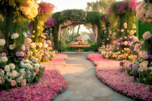 花々に彩られた庭園の通路とガーデンデザイン