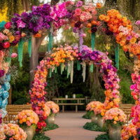 庭園に咲き競う色彩豊かなフラワーアーチ、ウェディング装飾の写真