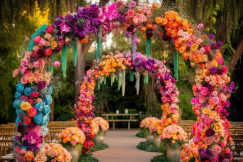 庭園に咲き競う色彩豊かなフラワーアーチ、ウェディング装飾
