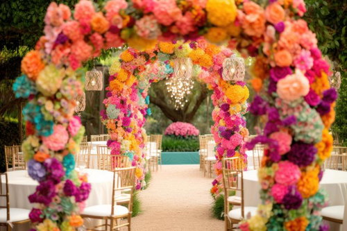 ピンク・オレンジ・赤の花が咲き乱れるフラワーアーチ