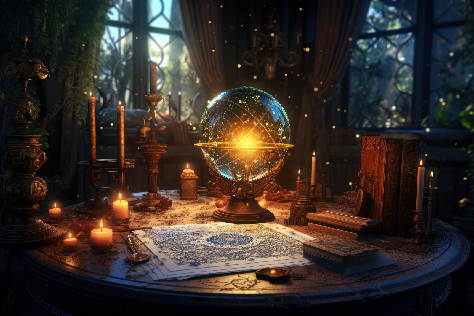 水晶玉とキャンドルが並ぶ占い師の部屋