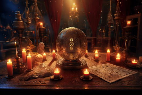 キャンドルの炎に照らされるクリスタルボール