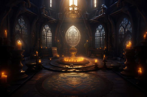 光が集う神秘的なチャプタールームの台座と魔法陣