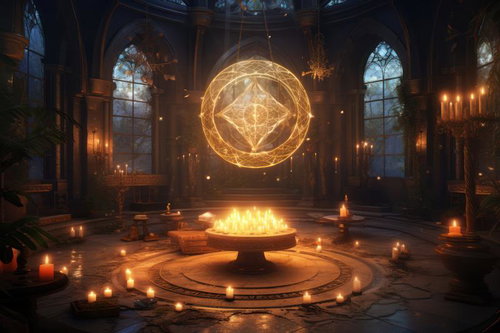 キャンドルと魔法陣の祈りの間 - 神秘的な儀式空間の光の陣