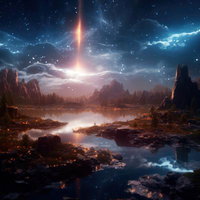 惑星と光が交差する異世界風のファンタジーアートの写真