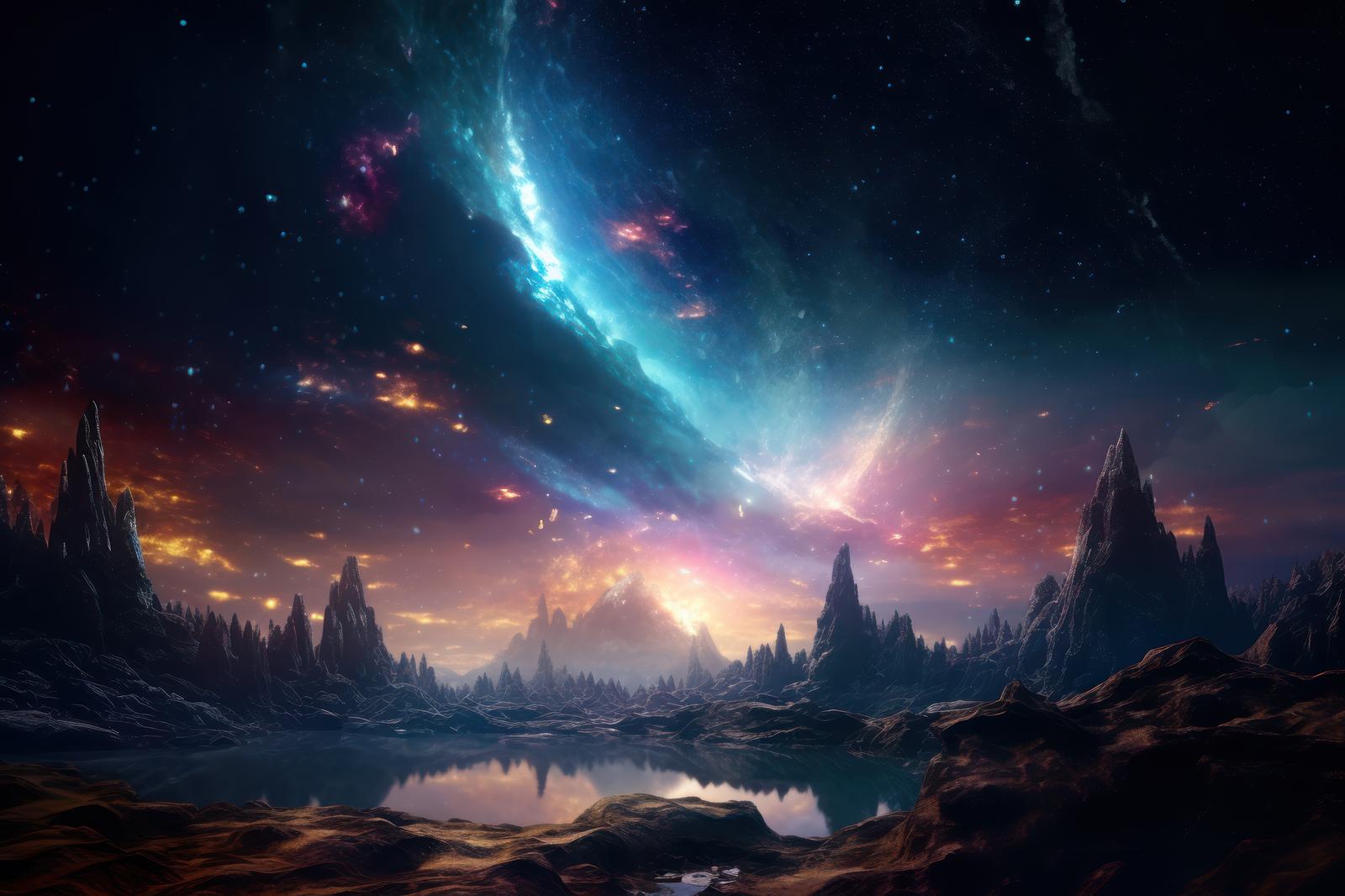 青紫色の光が走る異世界風ファンタジー惑星の空想風景