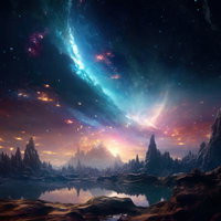 光の閃光が降り注ぐ異世界風の惑星と銀河のファンタジーイラストの写真