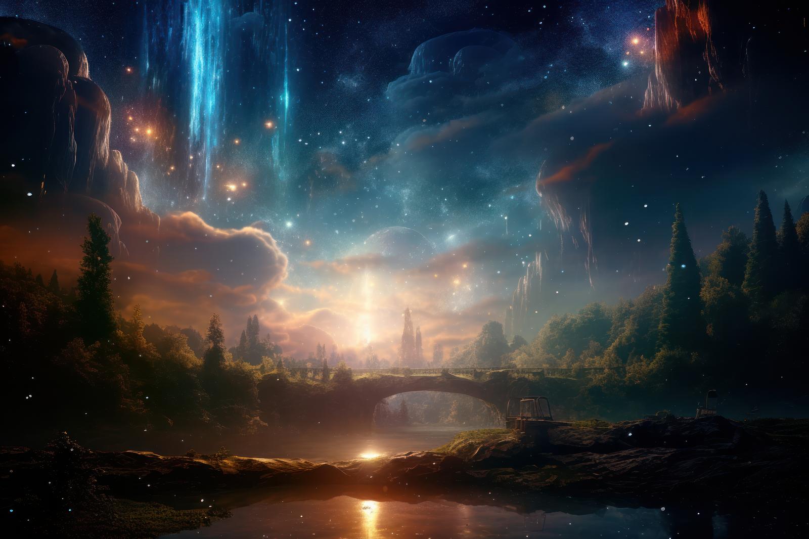 光の滝と森に囲まれた異世界惑星の魔法風景