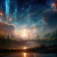 異世界惑星の森を渡る光の橋と魔法の冒険：星空の架橋の写真