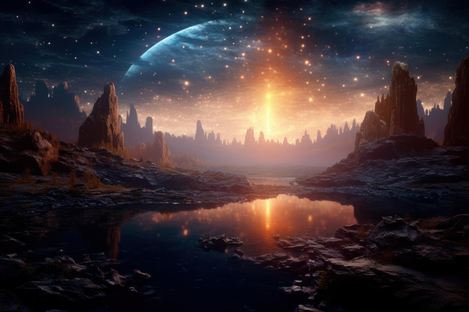 異世界の地平に浮かぶ青白い惑星と黄金の光