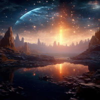 異世界の地平に浮かぶ巨大な惑星と黄金の光の風景の写真